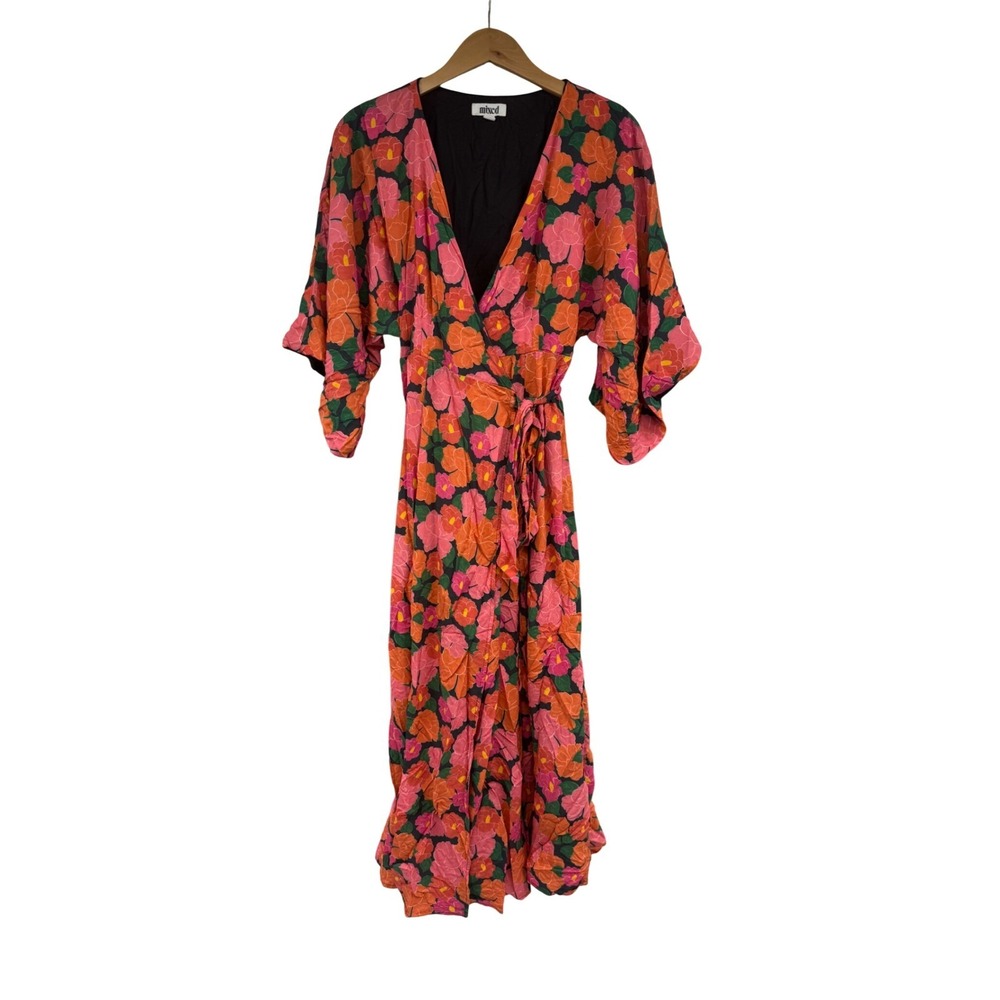 Mixed by Nasrin Floral Wrap Midi Dress Wide Kimono Sleeve Pink Orange Small